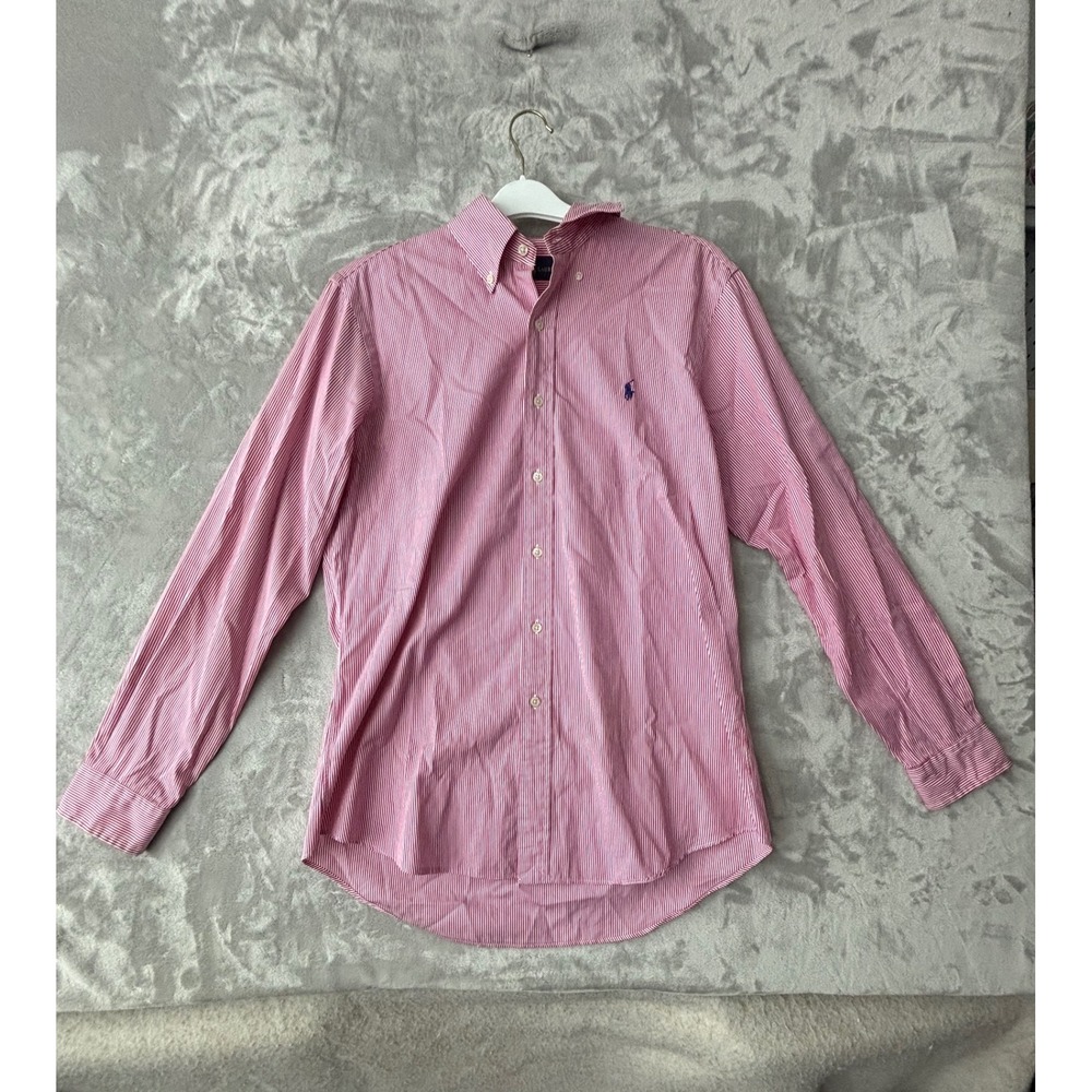 Ralph Lauren Mens Pink White Striped Button Down Shirt Long Sleeve Medium 1487